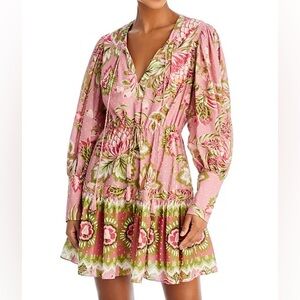 FARM RIO Aura Floral Print Long Sleeve Mini Dress Waist Tie
